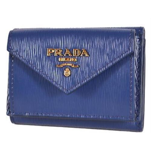 Prada 1MH021 Bluette Blue Portafoglio Vitello Grain Leather Mini Coin Wallet