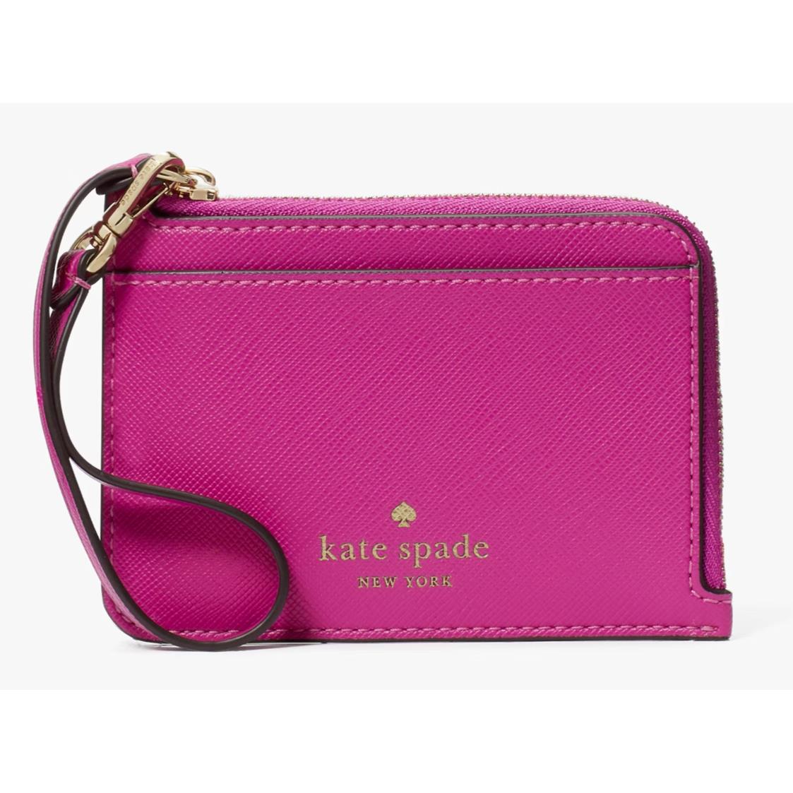 New Kate Spade Small Card Wristlet Baja Rose Saffiano Leather Pvc Zip Pink