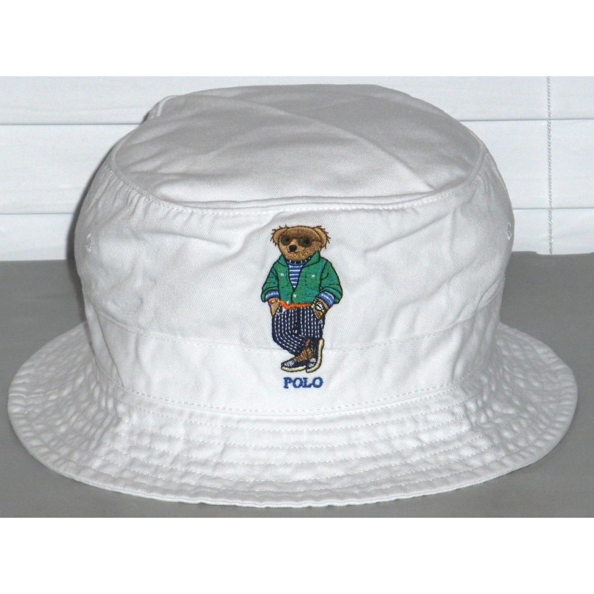 Polo Ralph Lauren Men`s Chino Twill Sunglasses Bear Bucket Hat Cap Lid White