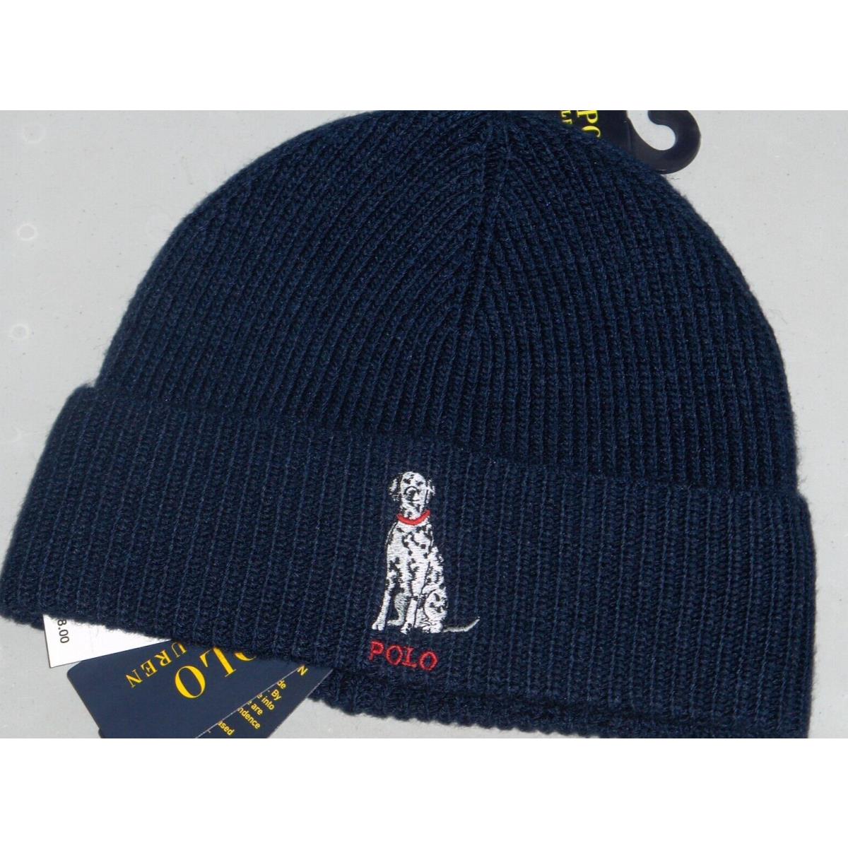 Polo Ralph Lauren Men`s Dalmatian Dog Rib Knit Beanie Hat Watch Cap Navy Blue