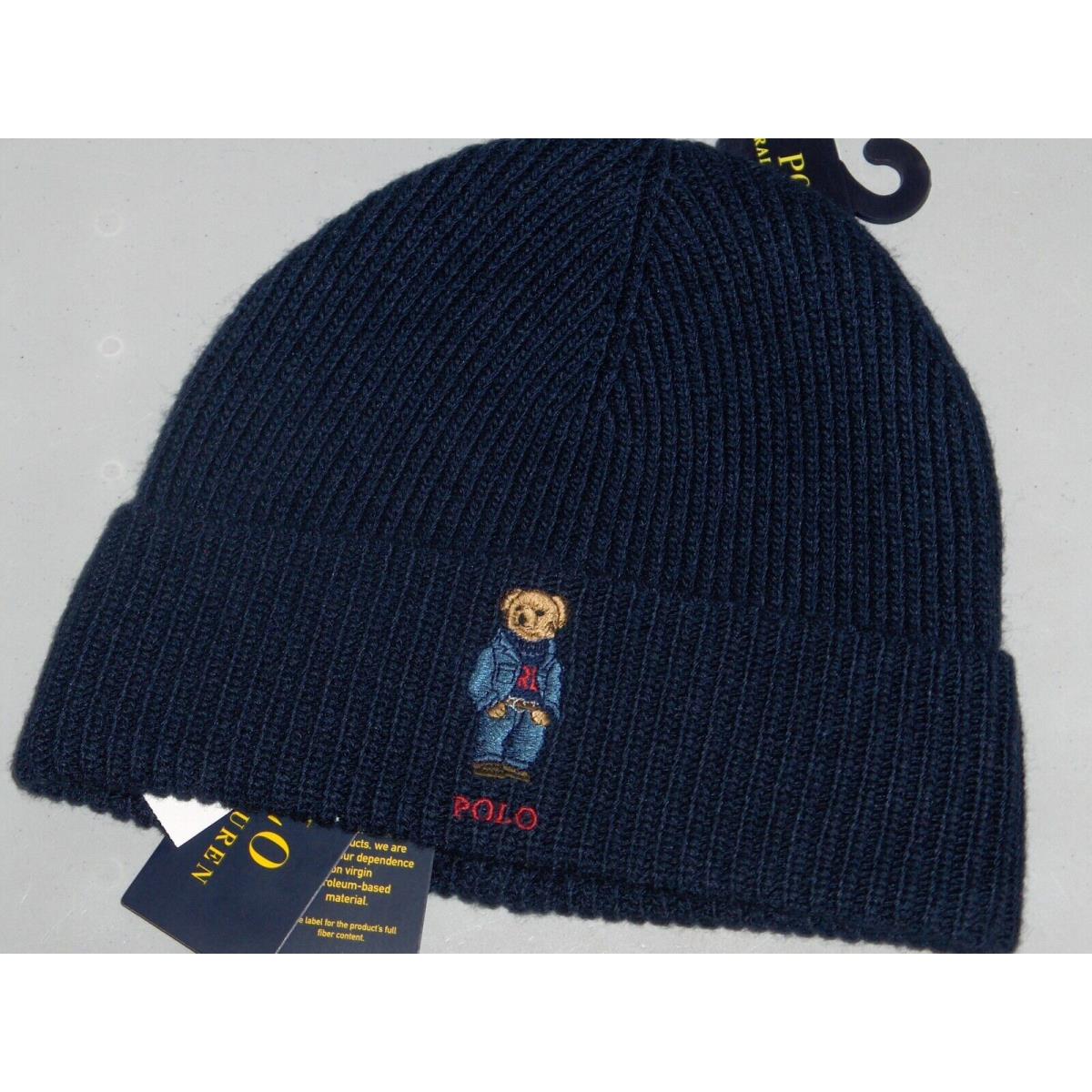 Polo Ralph Lauren Men`s RL Sweater Denim Bear Beanie Hat Watch Ski Cap Navy Blue