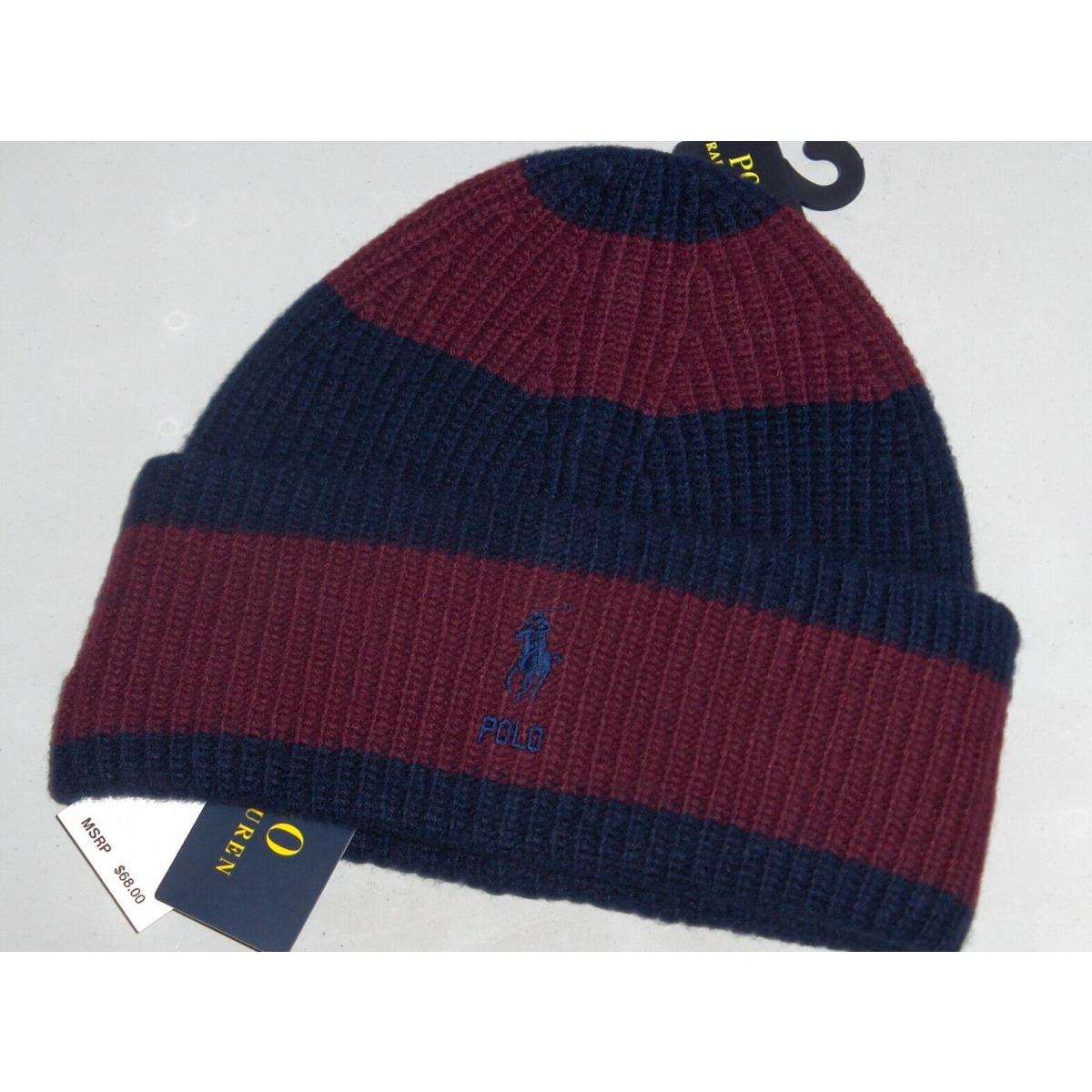 Polo Ralph Lauren Mens Wool Rib Knit Pony Wide Stripe Beanie Hat Watch Cap Wine