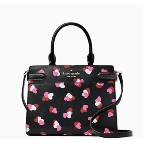 Kate Spade Staci Medium Top Zip Satchel Crossbody Flutter Heart Black Pink