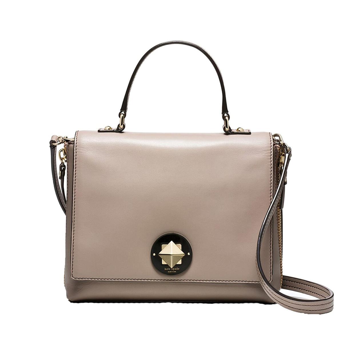 New Kate Spade Varick Street Abbie Leather Satchel Clocktower Taupe / Black - Handle/Strap: Brown, Hardware: Gold, Exterior: Taupe