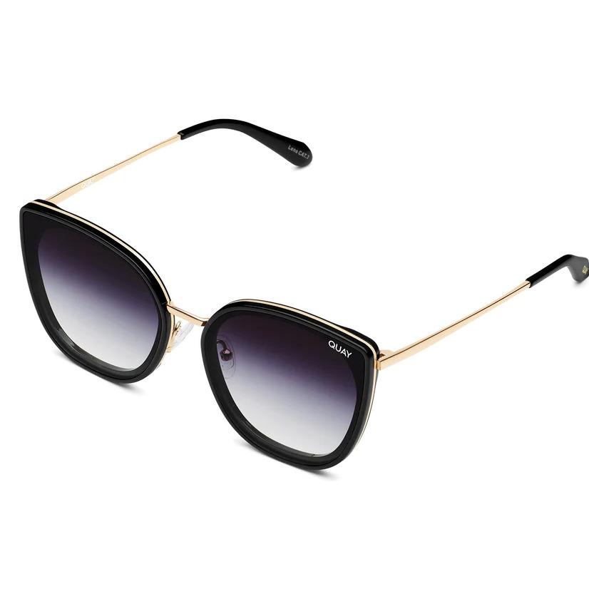 Quay Australia Flat Out Sunglasses Black Gold Frame Oversized Cat Eye