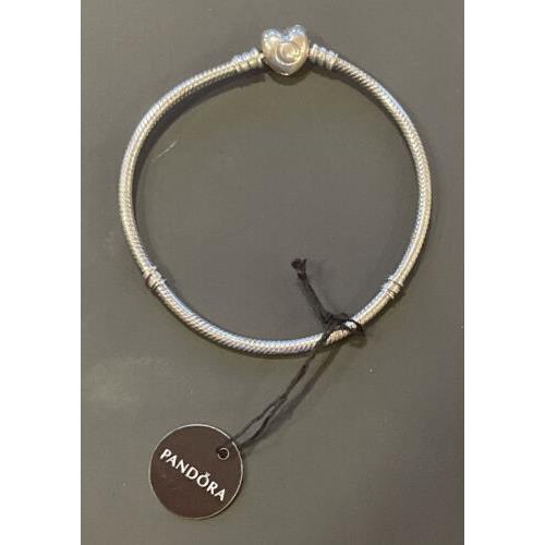 Pandora Moments Embossed Logo Heart Clasp Snake Chain Charm Bracelet