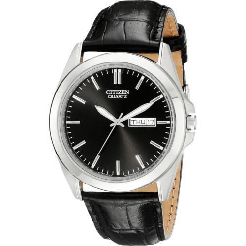 Citizen Quartz Mens Watch Stainless Steel with Leather Strap Casual Black Mo