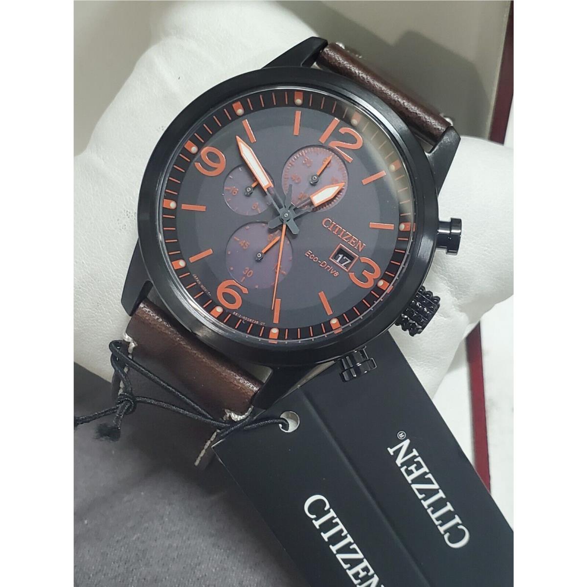 Citizen CA075-11E Eco-drive Black Chronograph Dial Brown Leather Band Mens Watch