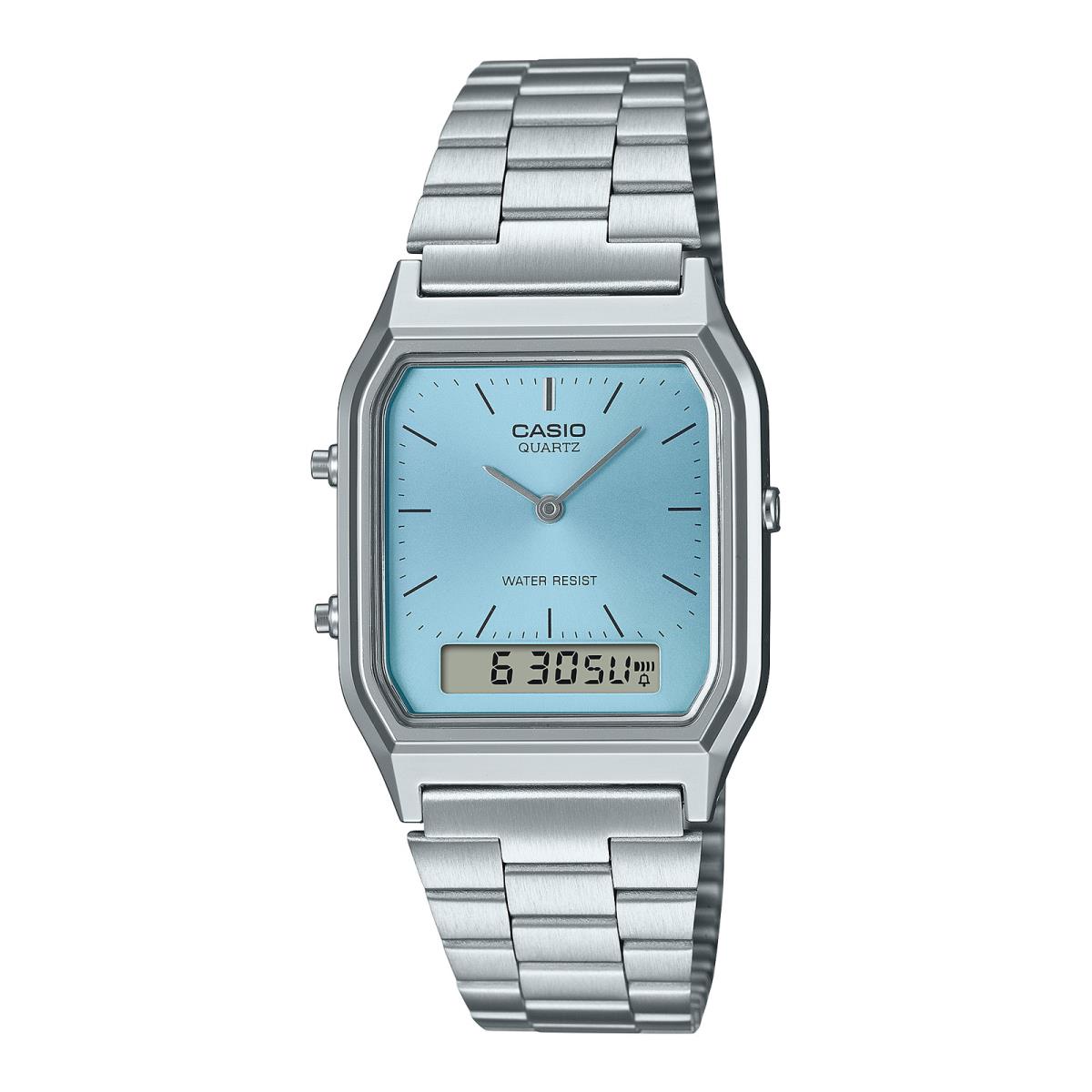 Casio Vintage Analog Digital Blue Dial Silver Tone Unisex Watch AQ-230A-2A1 - Dial: Blue