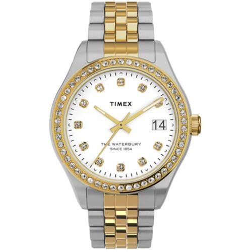 Timex Women`s Watch Waterbury White Dial Two Tone Steel Bracelet TW2U53900VQ - Face: White, Dial: White, Band: Yellow, Silver