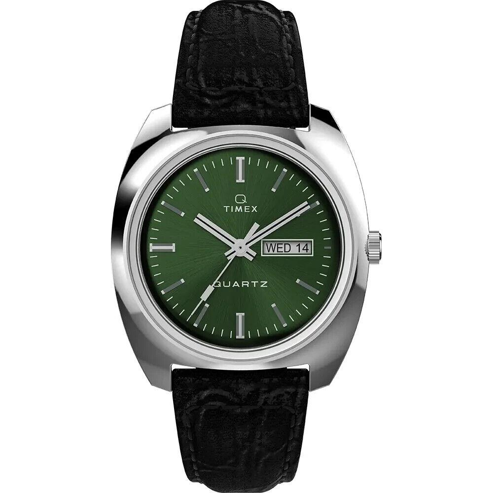 Q Timex 1978 Day/date 37.5 mm Black Leather Strap Green Dial Watch TW2W44700