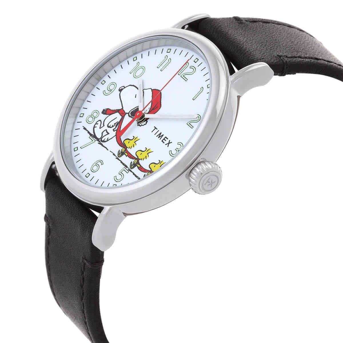 Timex Standard Peanuts Snoopy Christmas Quartz White Dial Watch TW2U86400 - Dial: White, Band: Black, Bezel: Silver-tone