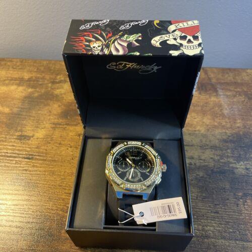 Ed Hardy Watch Men`s Gold Cubic Zirconia Black Silicone Band