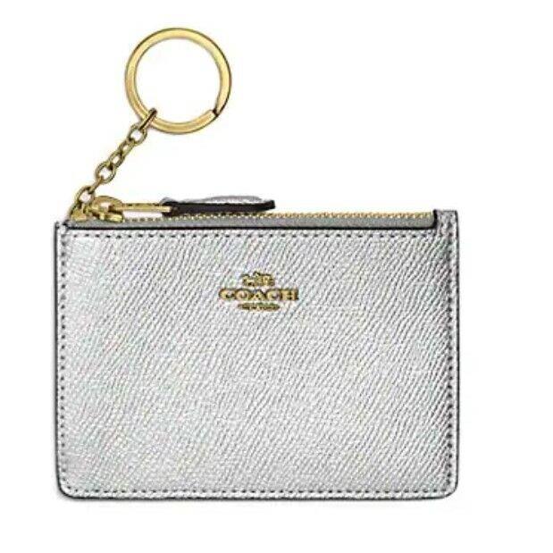 Coach Platinum Silver Metallic Leather Mini Slim ID Case Gunmetal Key Cha