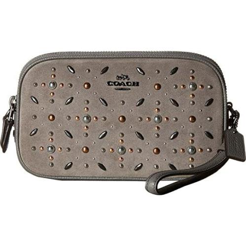 Coach Crossbody Clutch Suede Leather with Prairie Rivets Dk/heather Grey