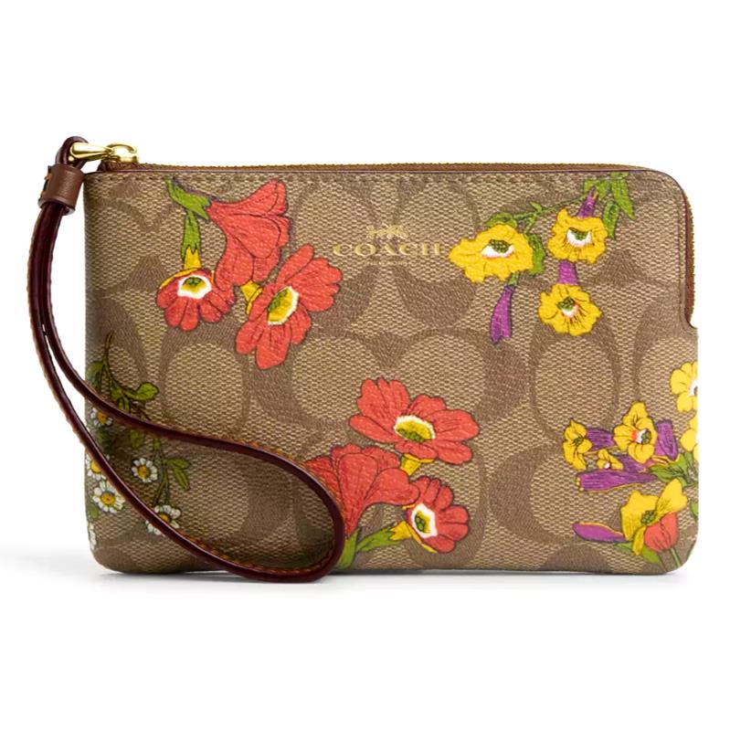 Coach Corner Zip Wristlet - Khaki Signature Canvas W/floral Print - CR814