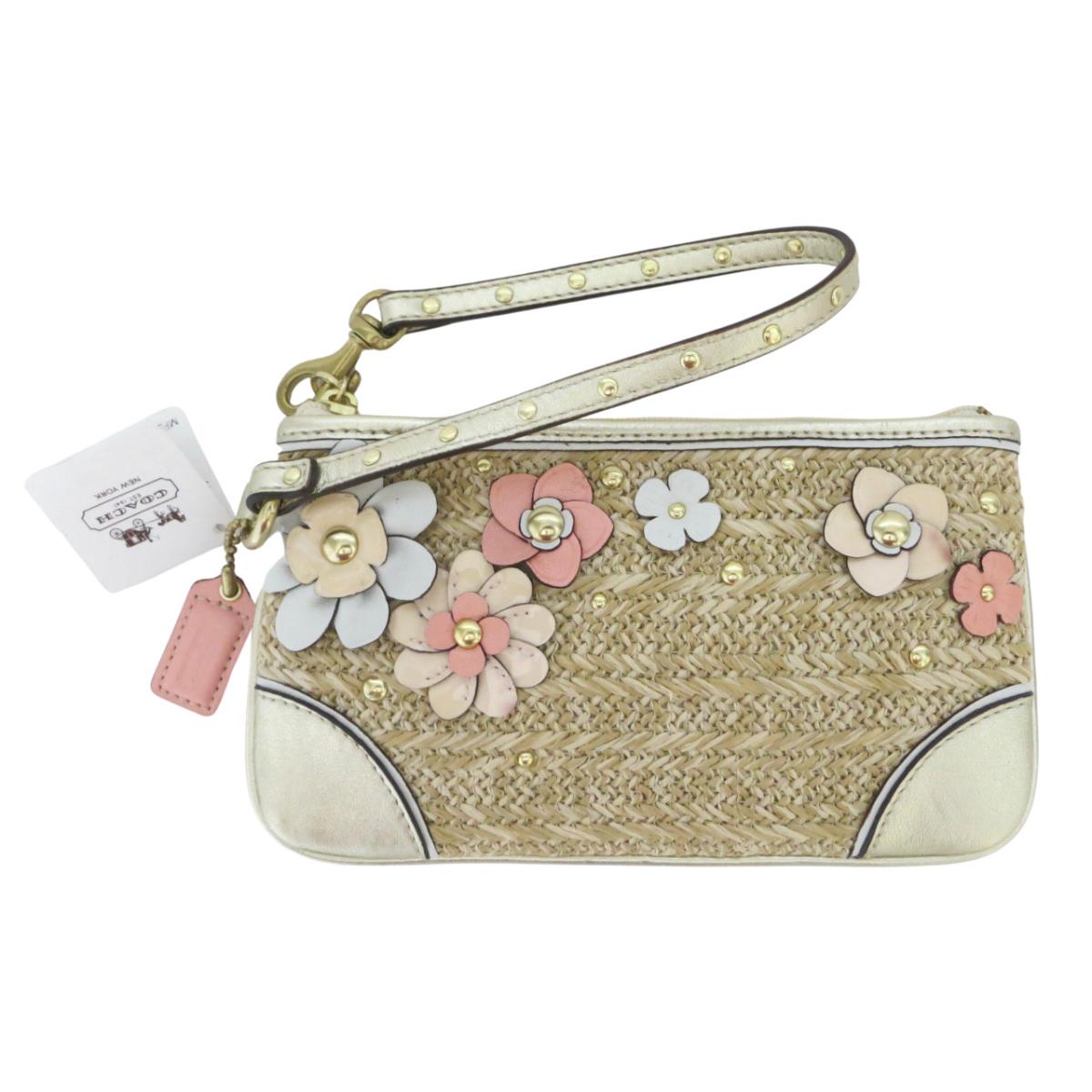 Straw XL Wristlet Clutch Purse Ivory Pink Peach Gold Leather 47447 by Coach