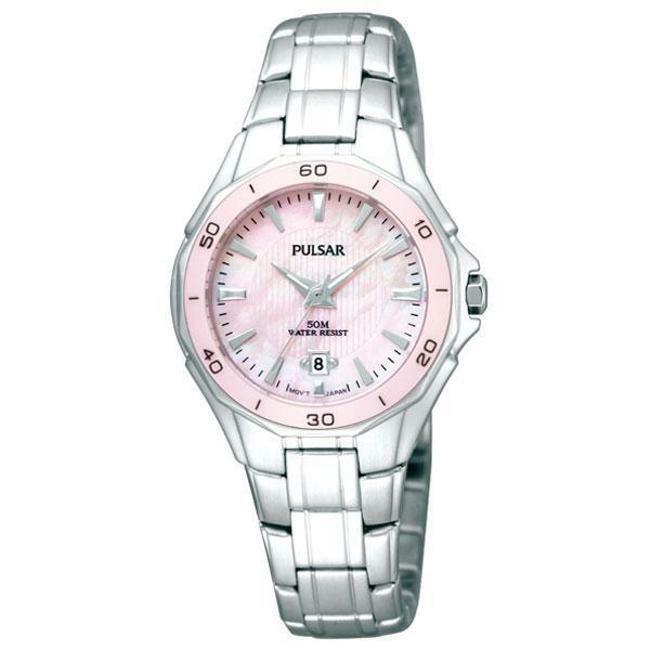 Pulsar BY Seiko PXT899 Womens Pink Dial Ceramic Bezel Watch Steel