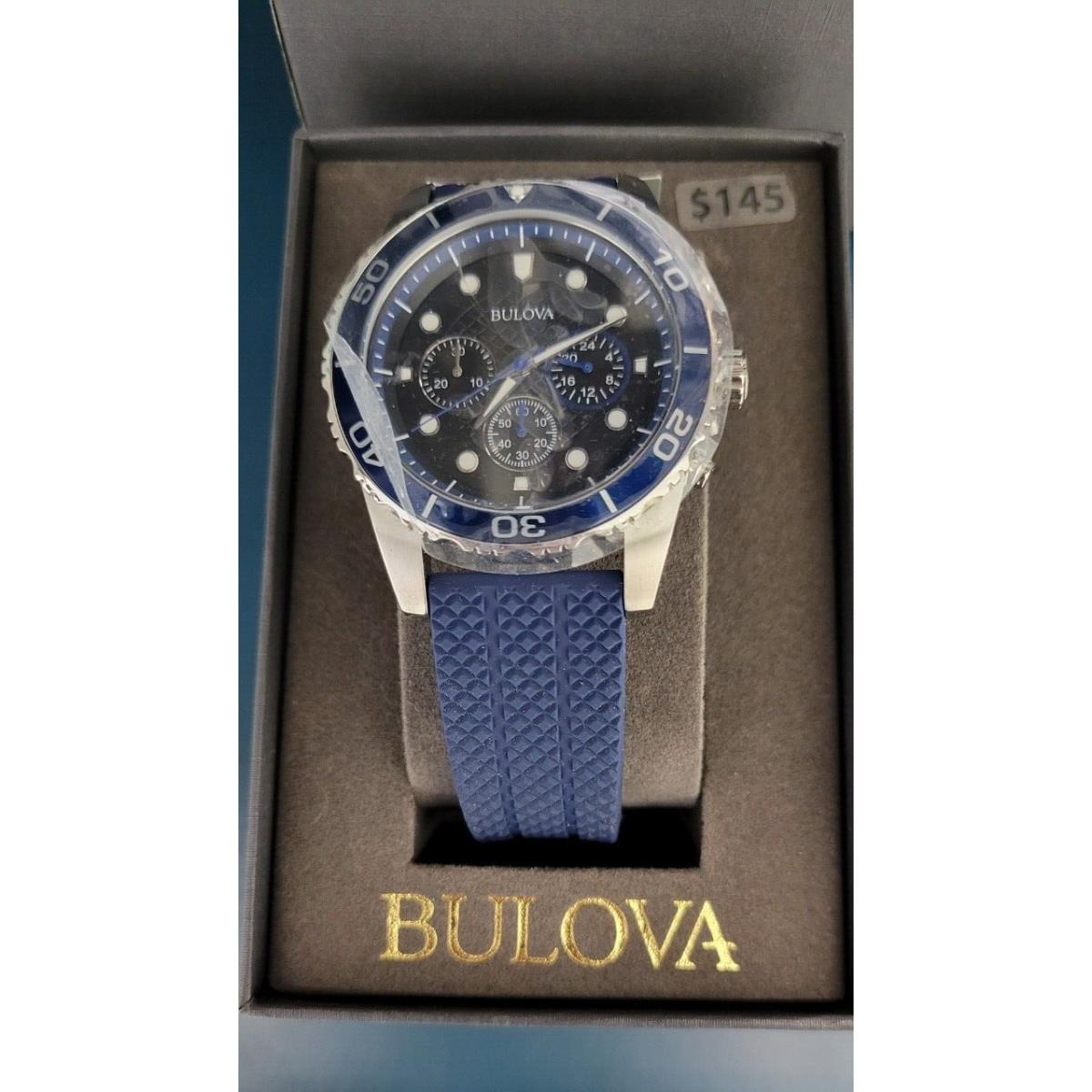 Bulova 98A190 Sport Men`s Quartz Chronograph Black Dial Blue Band 43mm Watch