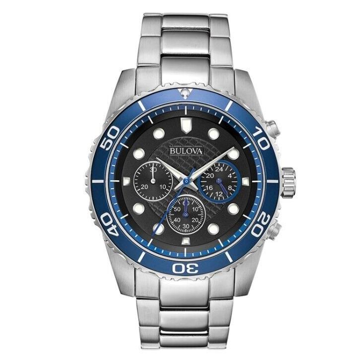 Bulova Men`s Quartz Classic Silver Blue Chronograph Watch 43mm 98A212 - Dial: Black, Band: Silver, Bezel: Blue