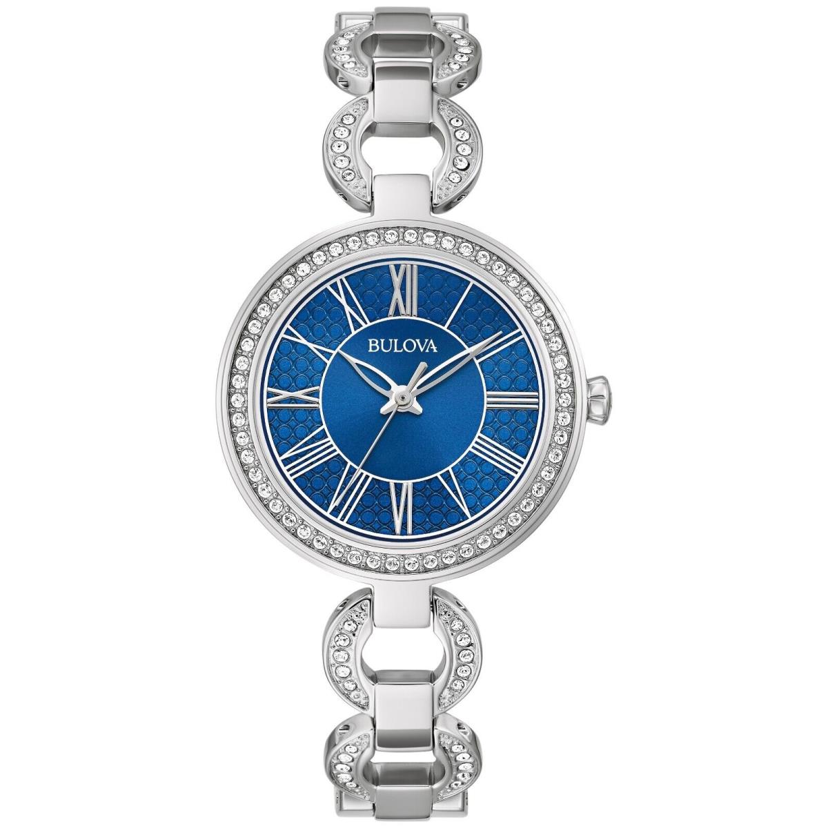 Bulova Women`s Crystal Accent Roman Numeral Quartz Silver Blue Watch 32mm 96L303