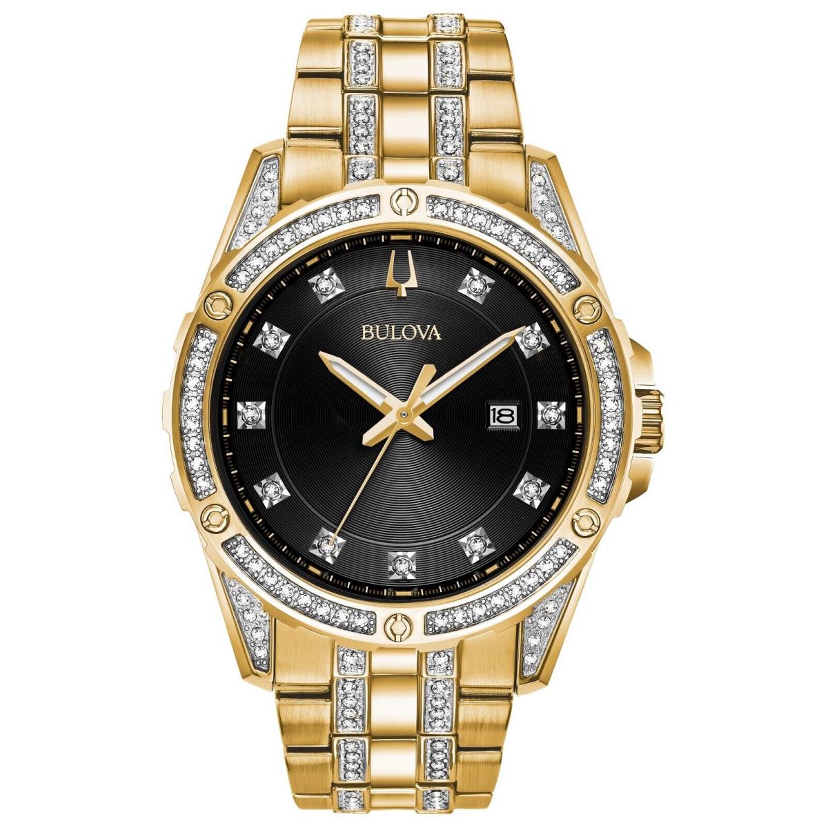 Bulova Men`s Crystal Bul Quartz Gold Stainless Steel Calendar Watch 43 MM 98K107