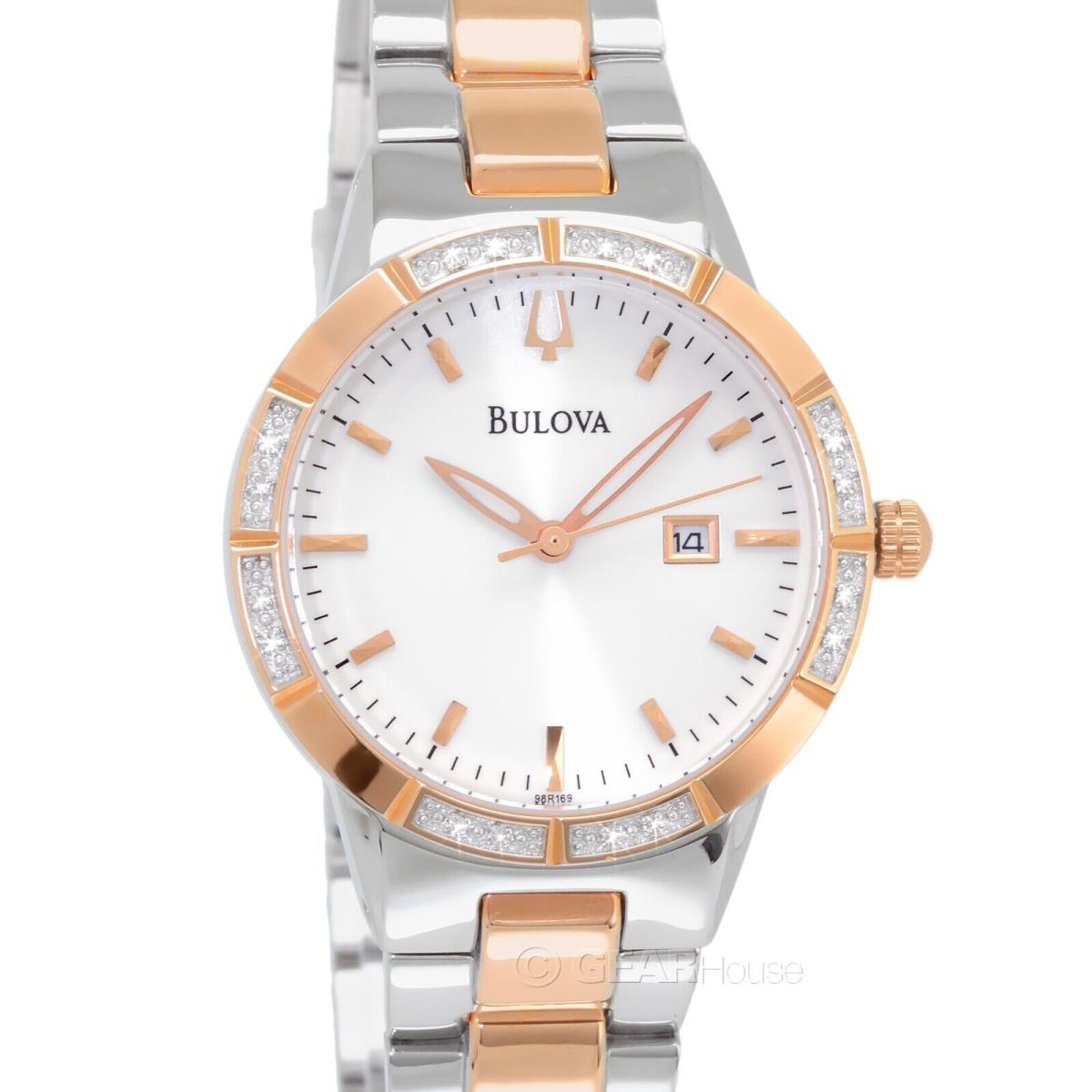 Bulova Womens 16 Diamonds Dress Watch Two-tone Silver Rose Gold White Dial