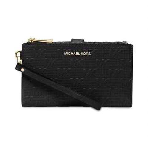 Michael Kors Signature Jet Set Double Zip Embossed Black Wristlet Wallet - Black, Exterior: Black