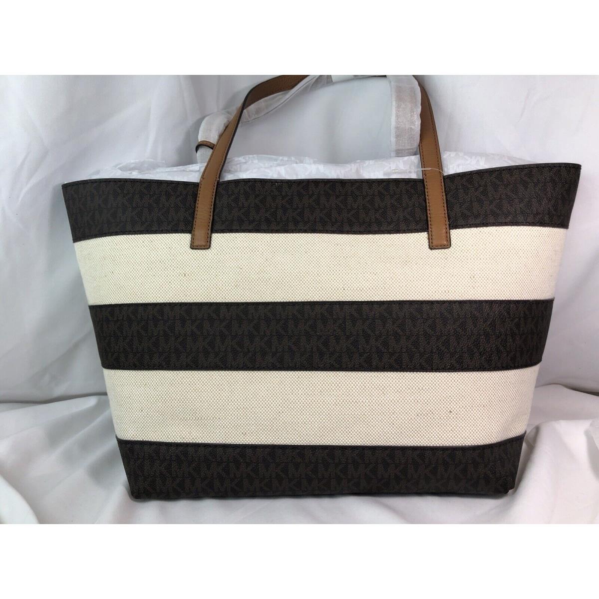 Michael Kors Womens Large East West Brown Natural Stripe Tote Purse Bag