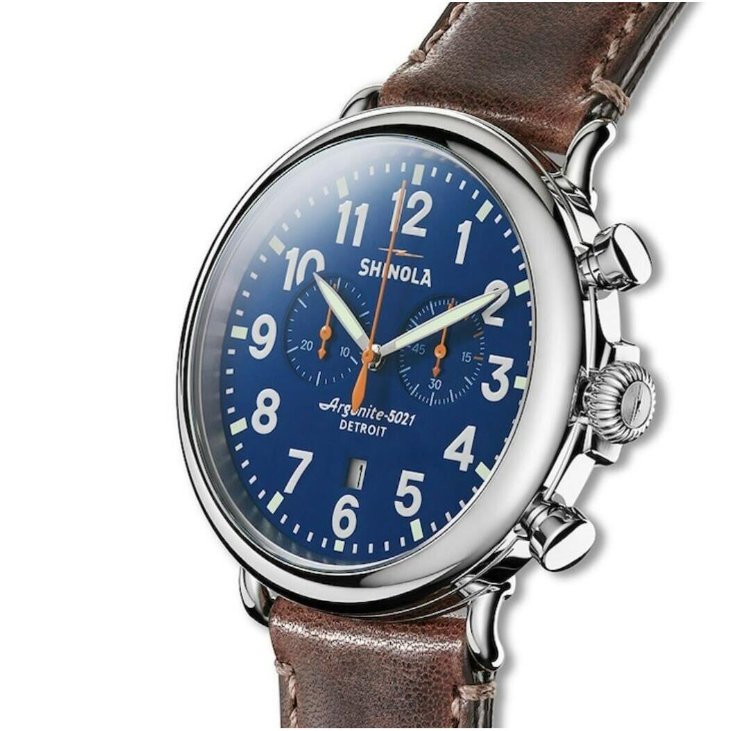 Shinola The Runwell Chronograph 47mm Leather Band S0110000047 Blue Dial Date