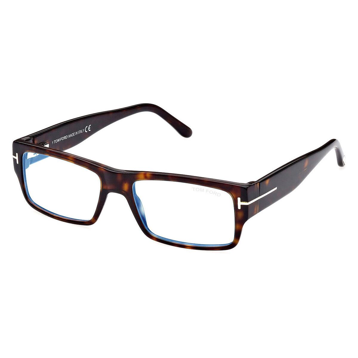 Tom Ford FT5835-B Eyeglasses Shiny Dark Havana/t Logo Blue Block 54mm