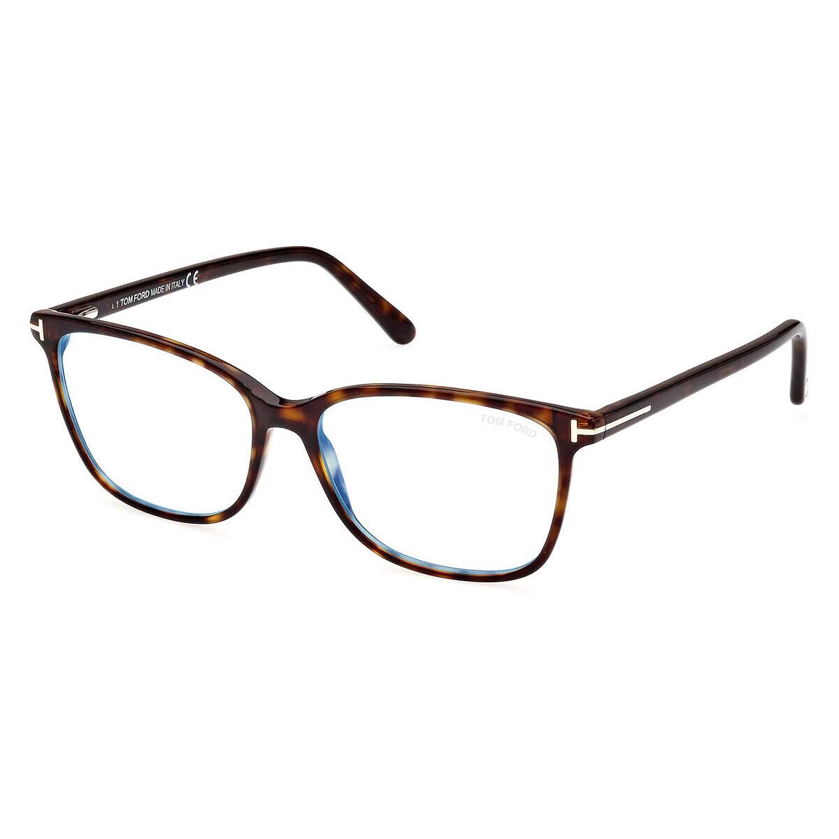 Tom Ford FT5842-B Eyeglasses Shiny Dark Havana/t Logo Blue Block 54mm