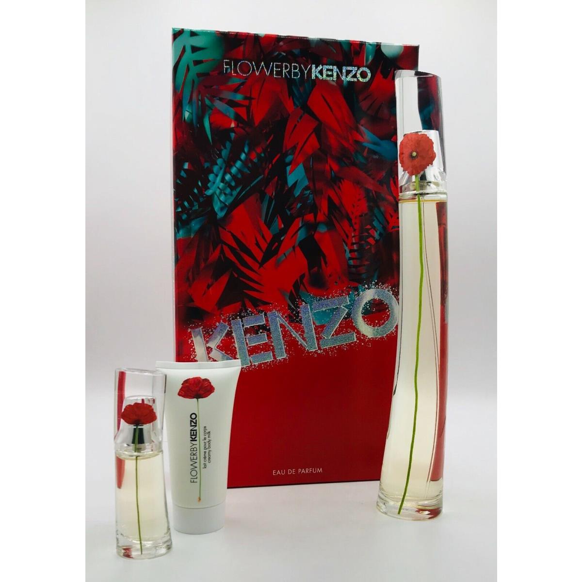 Kenzo Flower Women 3pc Set Parfum Spray 3.3 oz Travel Spray .5 Oz Body Cream 1.7