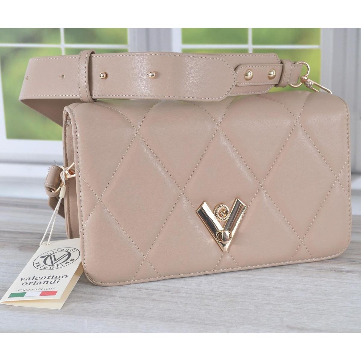 Valentino Orlandi Quilted Leather Flap Crossbody Bag Purse Beige