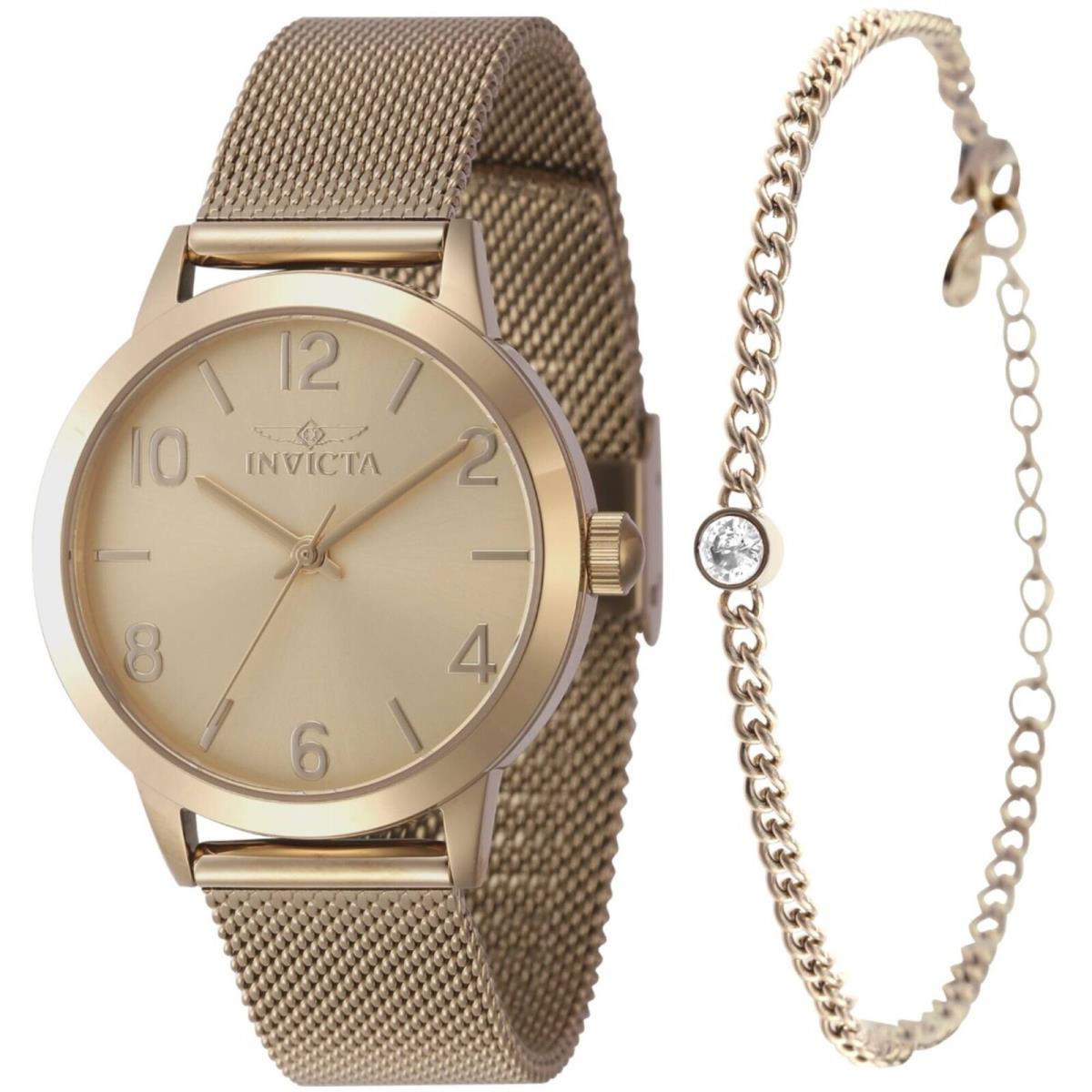 Invicta Women`s Watch Set Wildflower Quartz Yellow Gold Mesh Bracelet 47275 - Dial: Gold, Band: Yellow