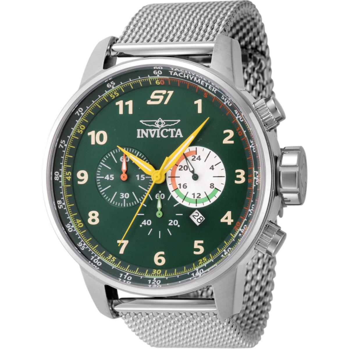 Invicta S1 Rally Chronograph Gmt Quartz Men`s Watch 44948 - Dial: Antique Silver and Green, Band: Silver-tone, Bezel: Silver-tone