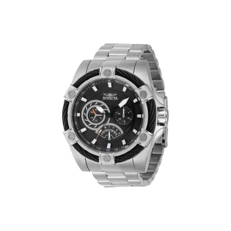 Invicta Silver Black Dial Men`s Quartz Watch Stainless Steel Bracelet Band