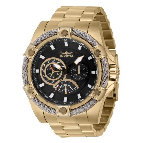 Invicta Gold Black Dial Men`s Quartz Watch Stainless Steel Bracelet Band