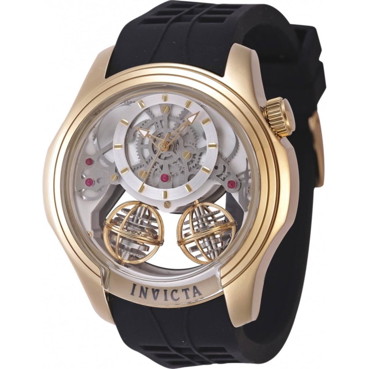 Invicta Men`s Watch Specialty Silver Dial Yellow Gold Case Silicone Strap 47375 - Dial: Silver, Band: Black