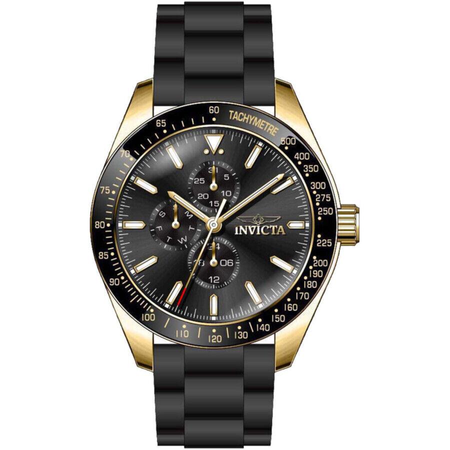 Invicta Aviator Quartz Black Dial Men`s Watch 38404 - Dial: Black, Band: Black, Bezel: Gold, Black