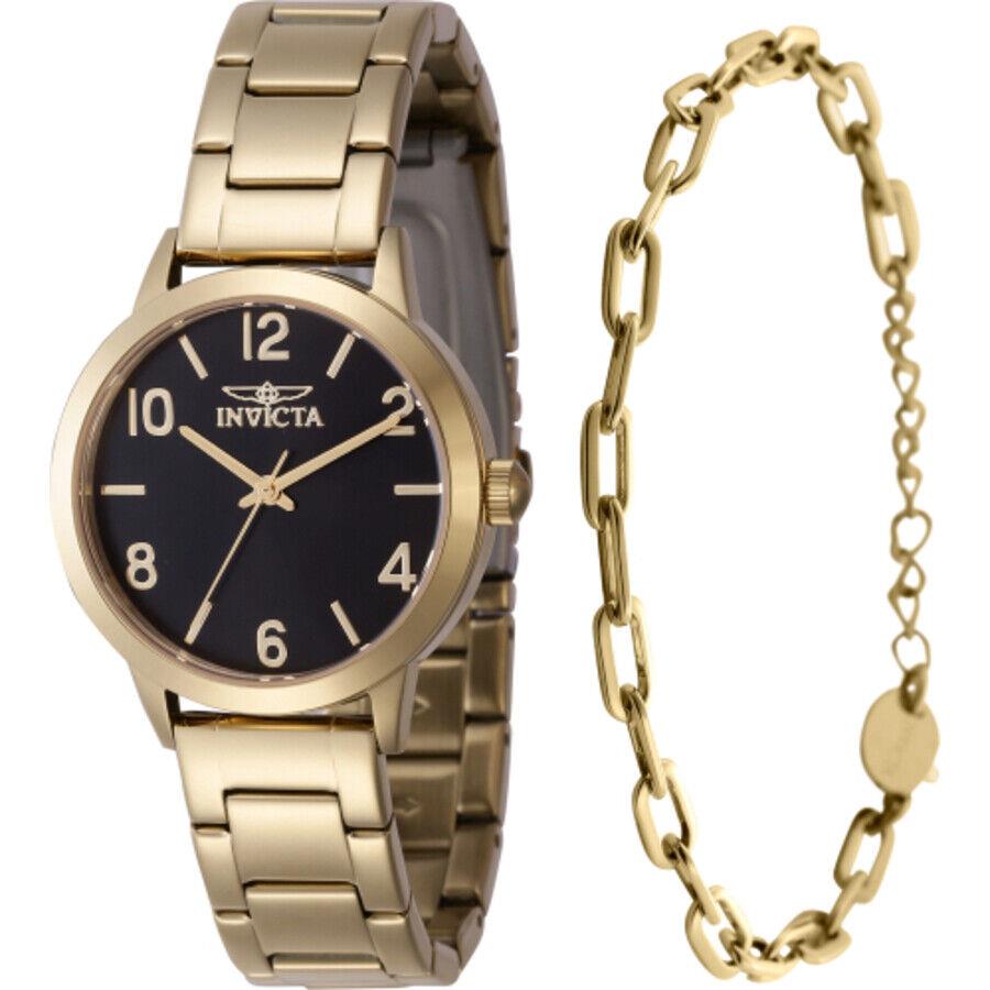 Invicta Wildflower Quartz Black Dial Ladies Watch 47273 with Bracelet - Dial: Black, Band: Gold-tone, Bezel: Gold-tone