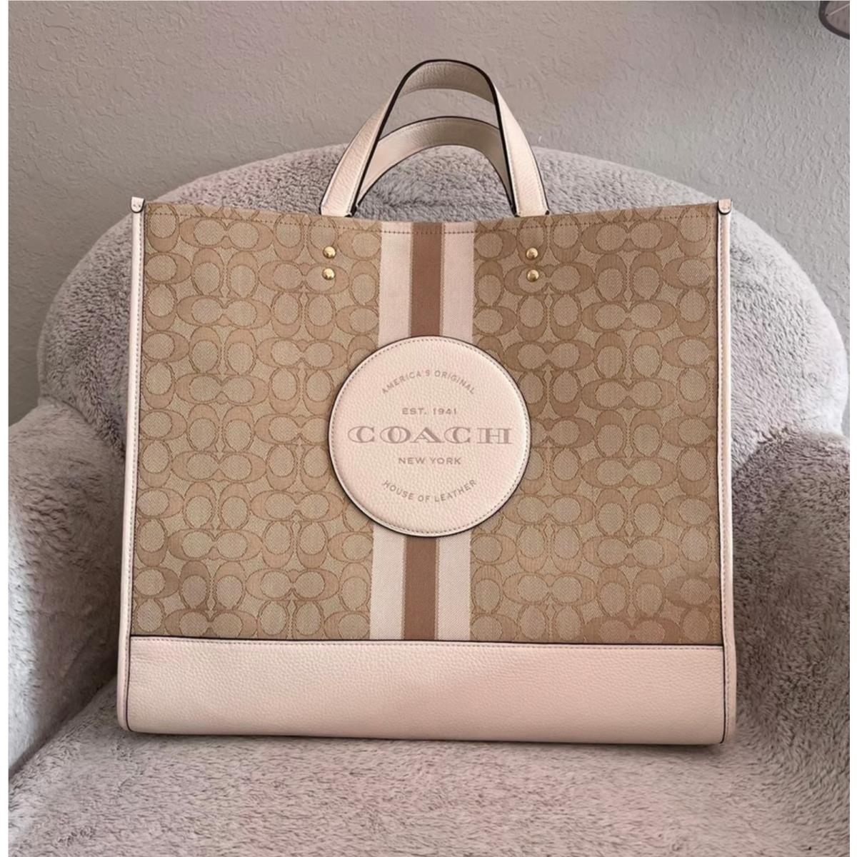 Coach Dempsey Tote 40 In Signature Jacquard with Stripe and Coach Patch Gold/Light Khaki Chalk