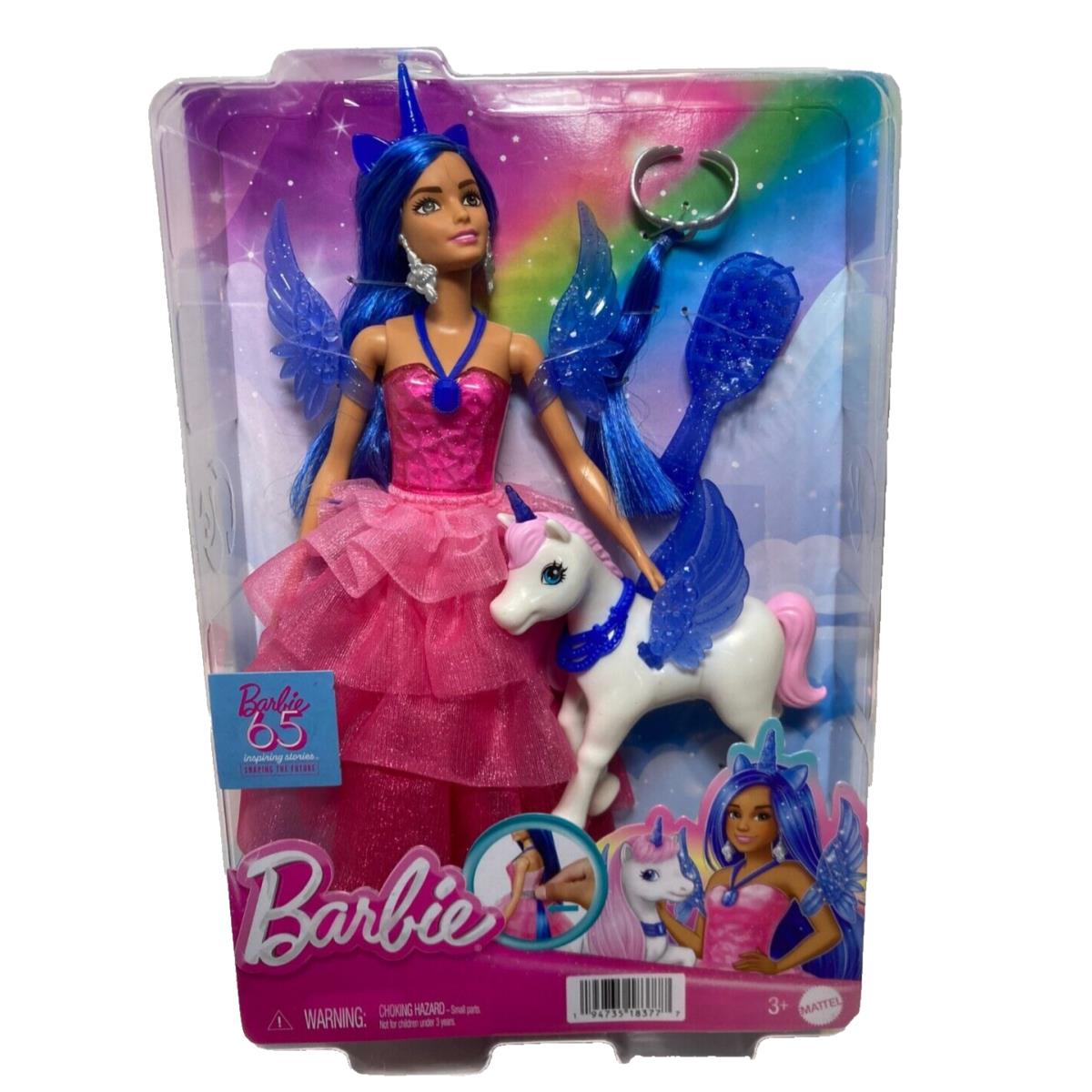 Barbie Unicorn Toy 65th Anniversary Doll with Blue Hair Pink Gown Pet Alicorn