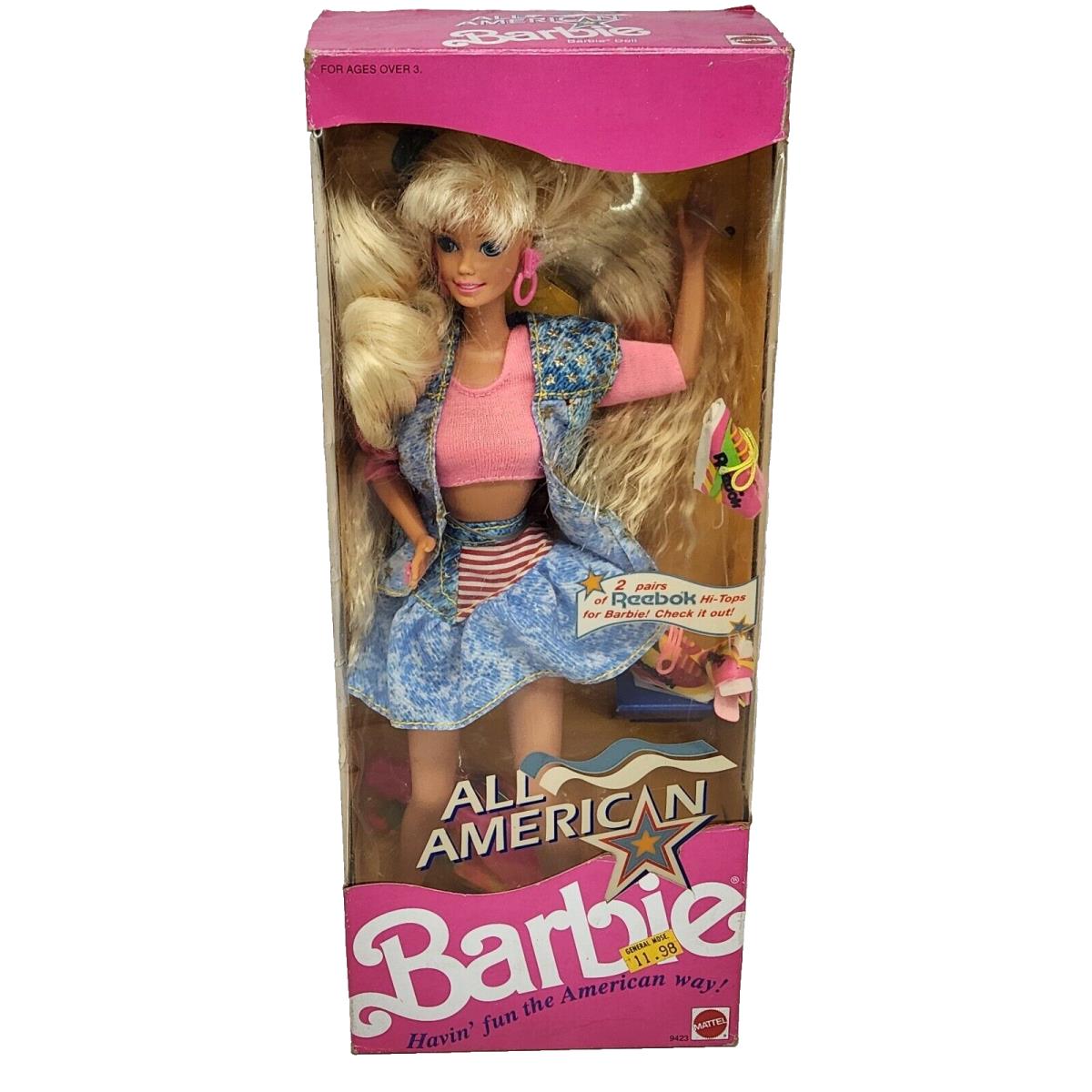 Vintage 1990 All American Barbie Doll Mattel 9423 IN Box Reebok