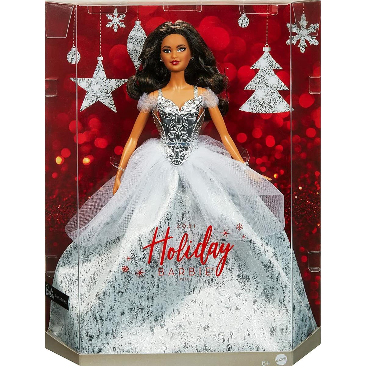 Barbie Signature 2021 Holiday Doll 12-inch Brunette Hair in Silver Gown w/ Sta