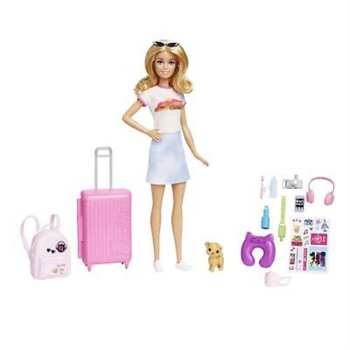 Barbie Doll and Accessories Malibu Travel Set with Puppy and 10+ Pieces Inclu