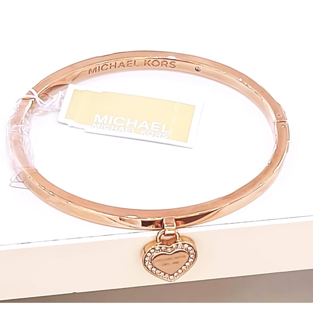 Michael Kors Brand Rose Gold Logo Pave Heart Charm Bangle Bracelet