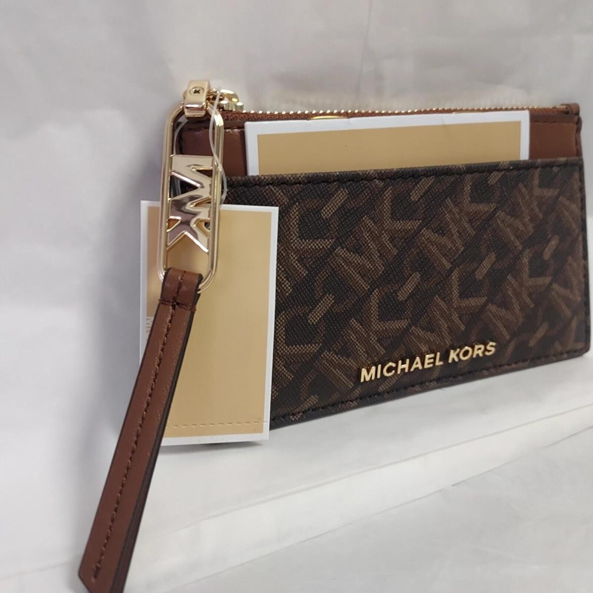 Michael Kors Leather Empire Small Gold Hardware Zip Card Case Brown Luggage