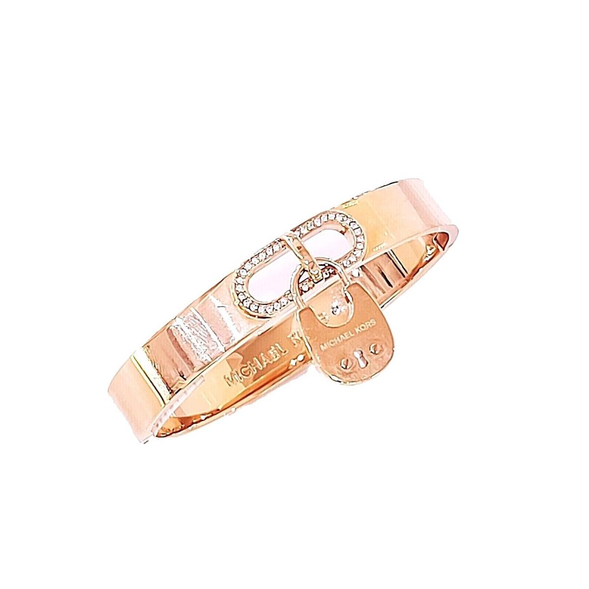 Michael Kors Brand Rose Gold Pave Crystals Padlock Charm Bangle Bracelet