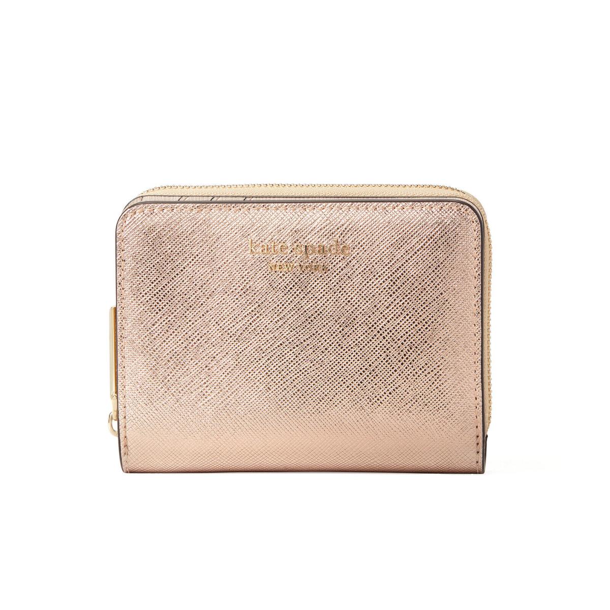 New Kate Spencer Metallic Compact Leather Zip Wallet Rose Gold Rosegold